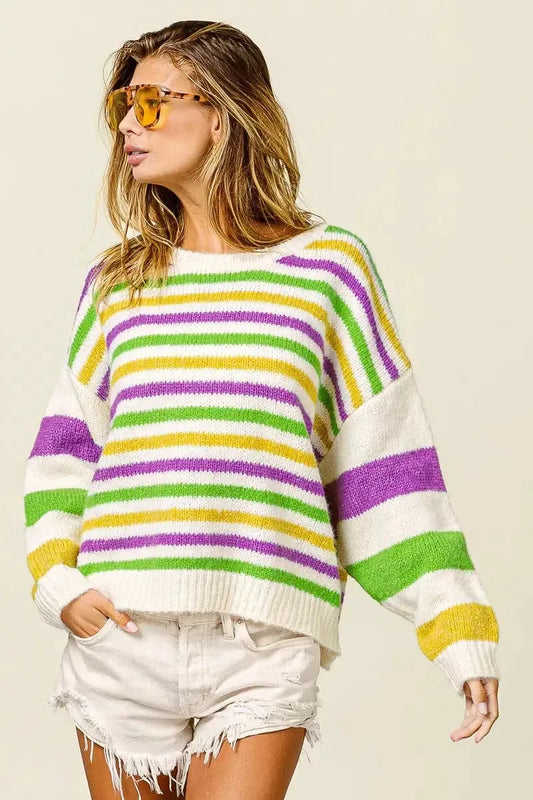 BiBi Mardi Gras Colors Stripe Comfy Sweater - Plush Fashion Hub
