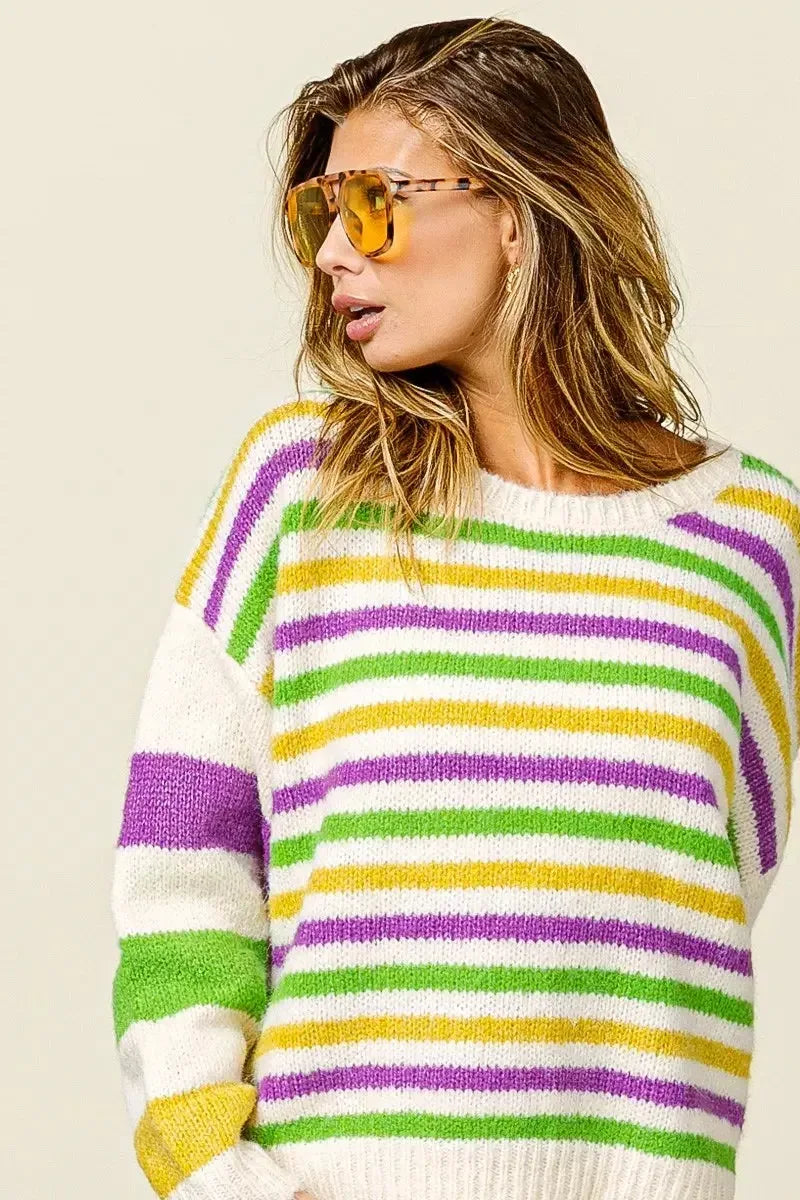 BiBi Mardi Gras Colors Stripe Comfy Sweater - Plush Fashion Hub