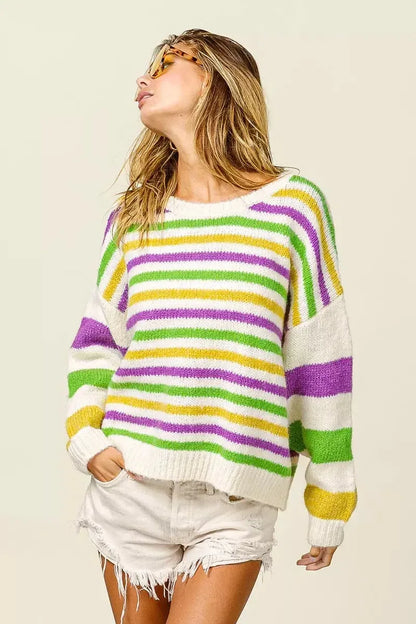 BiBi Mardi Gras Colors Stripe Comfy Sweater - Plush Fashion Hub