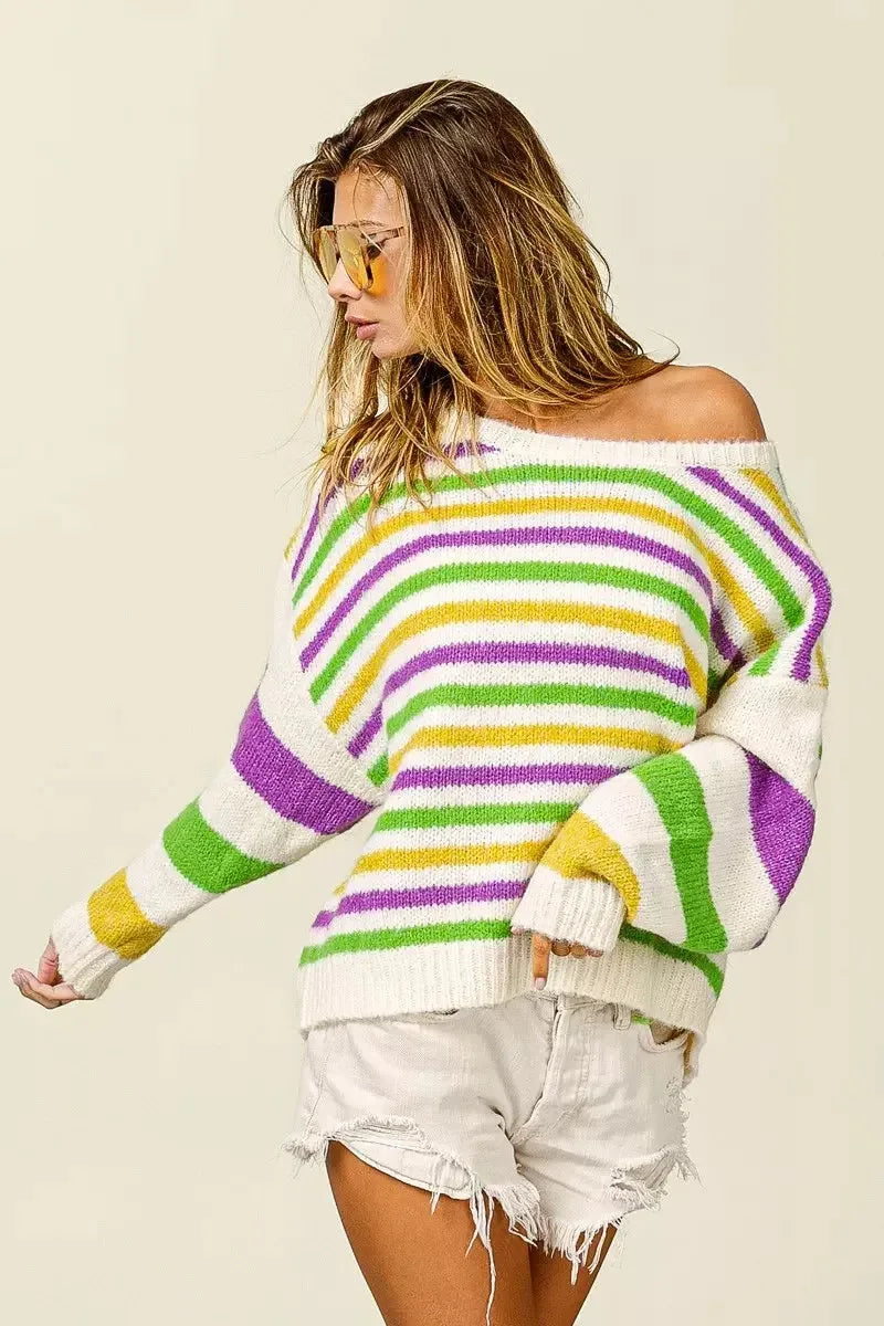 BiBi Mardi Gras Colors Stripe Comfy Sweater - Plush Fashion Hub