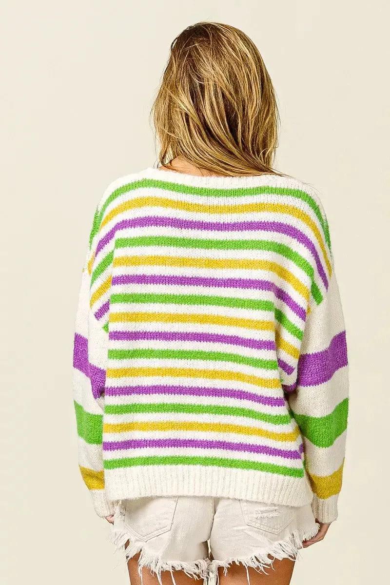 BiBi Mardi Gras Colors Stripe Comfy Sweater - Plush Fashion Hub