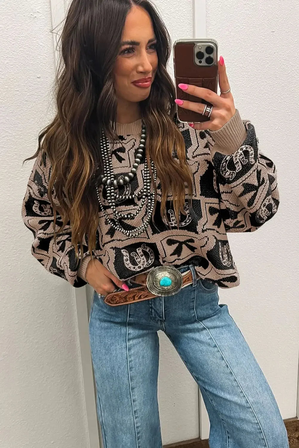 Black Colorblock Bow Pattern Drop Sleeve Relaxed Sweater - Plush Fashion Hub