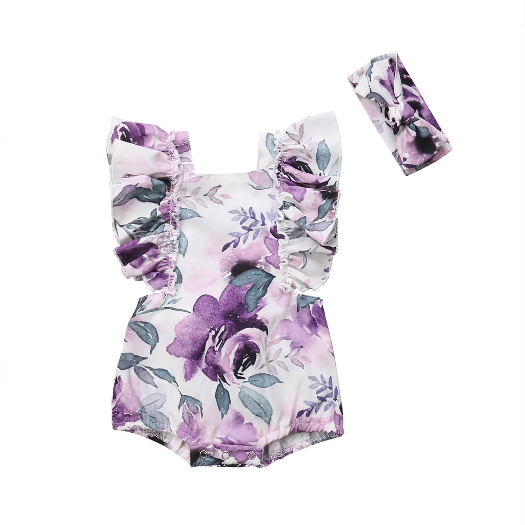 Girls' floral two-piece outfit with back tie and matching headband, stylish and cute for warm weather.