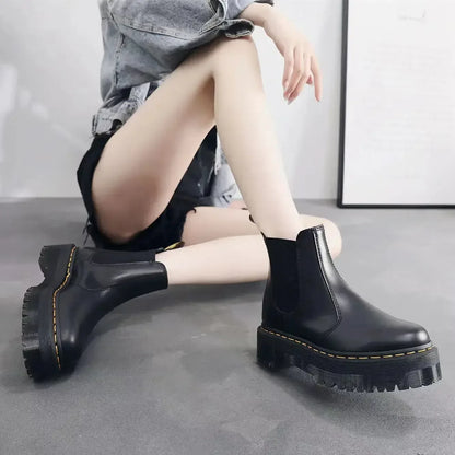 Minimalist Front Lace-up Combat Boots 5Cm Chunky Heel Platform Women Boots British Style Thick Sole Increase Height Casual Boots - Plush Fashion Hub