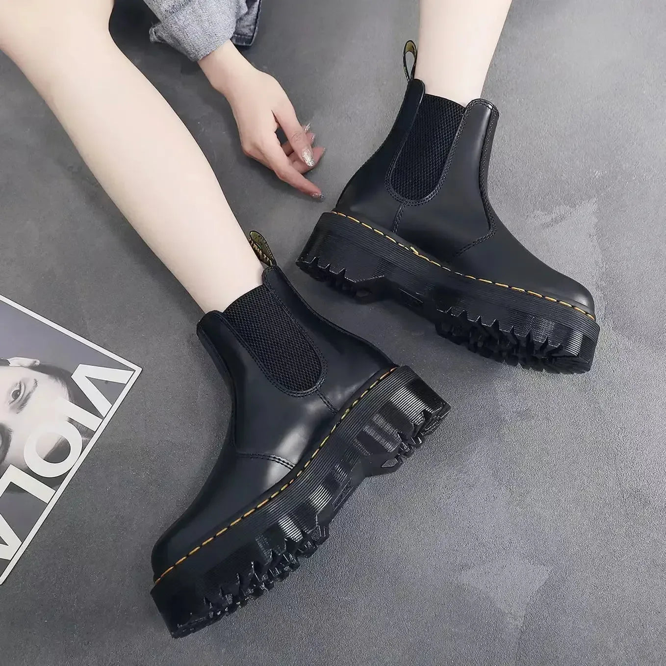 Minimalist Front Lace-up Combat Boots 5Cm Chunky Heel Platform Women Boots British Style Thick Sole Increase Height Casual Boots - Plush Fashion Hub