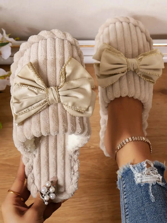 Bow Embellished Indoor Slippers - Plush Fashion Hub