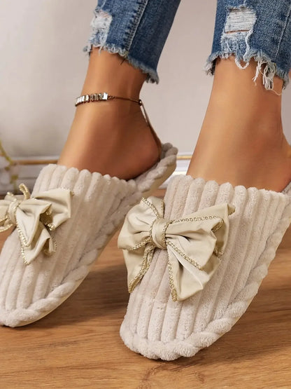 Bow Embellished Indoor Slippers - Plush Fashion Hub