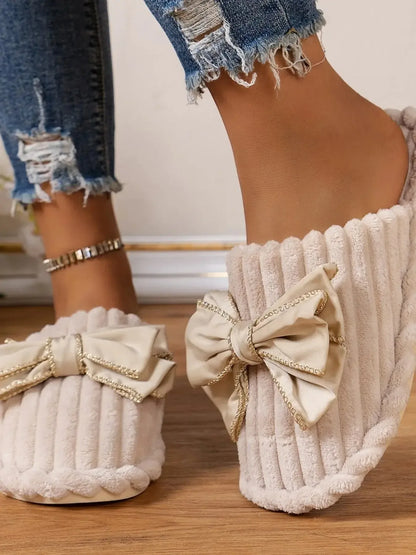 Bow Embellished Indoor Slippers - Plush Fashion Hub
