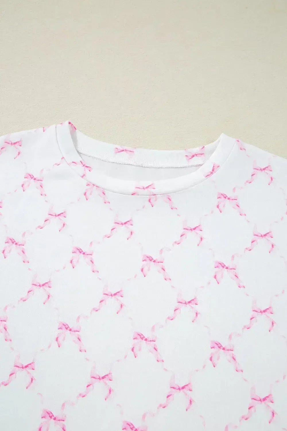 Bow Print Lettuce Trim Round Neck Top and Shorts Lounge Set - Plush Fashion Hub