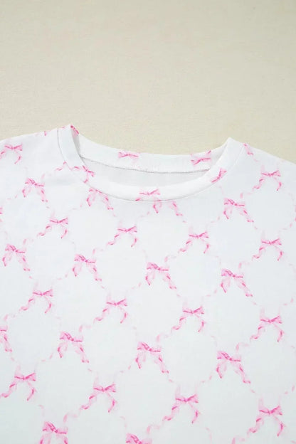 Bow Print Lettuce Trim Round Neck Top and Shorts Lounge Set - Plush Fashion Hub