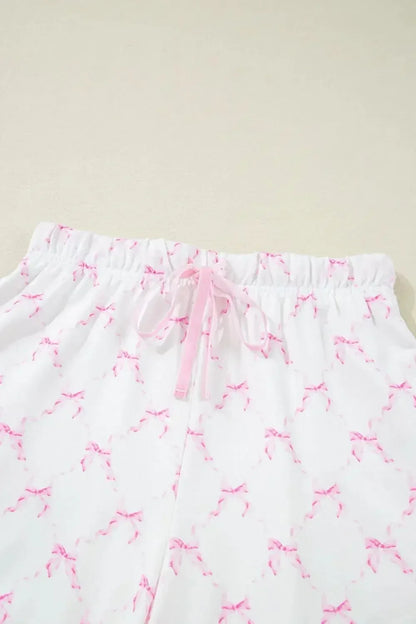 Bow Print Lettuce Trim Round Neck Top and Shorts Lounge Set - Plush Fashion Hub