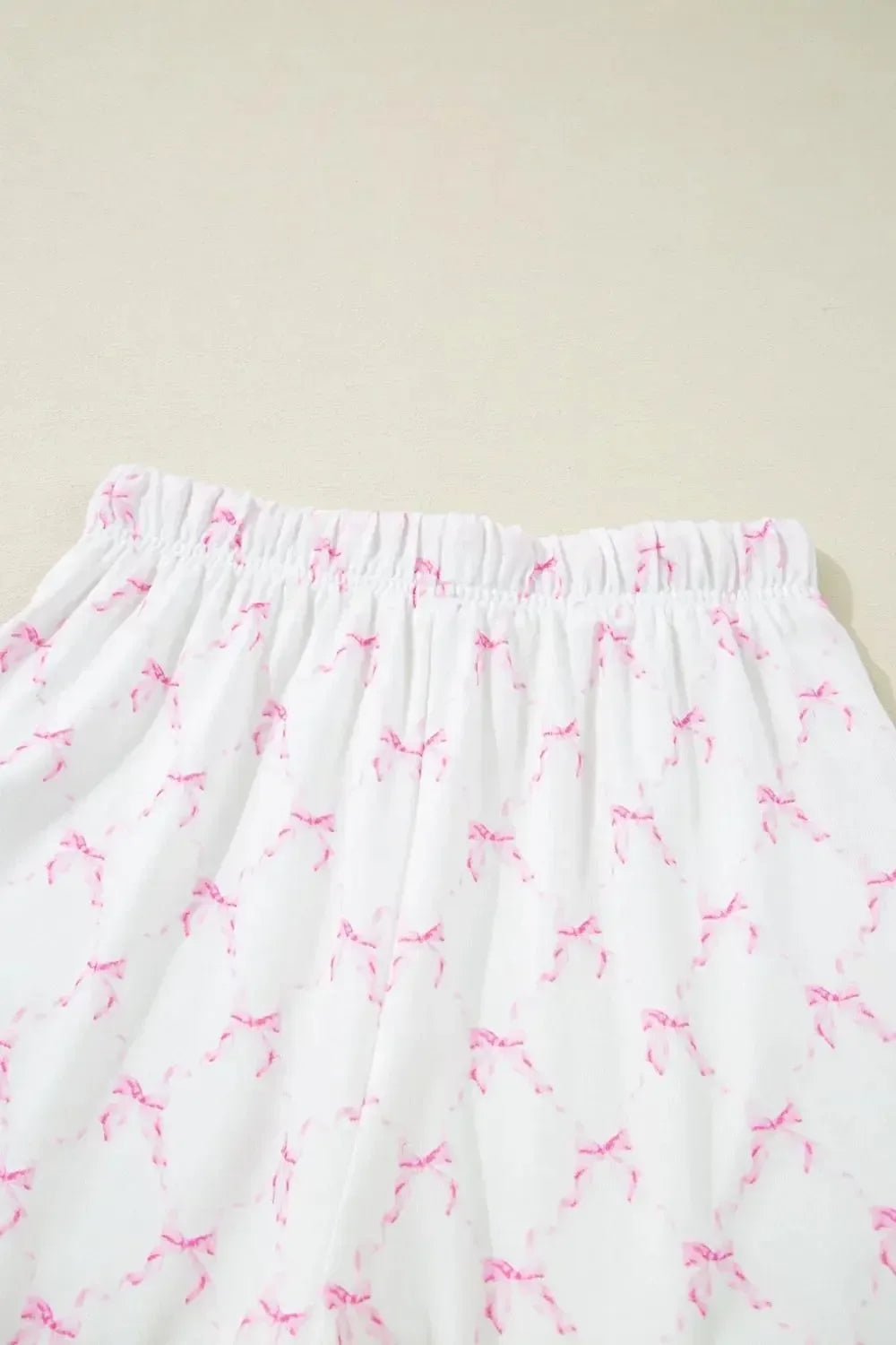 Bow Print Lettuce Trim Round Neck Top and Shorts Lounge Set - Plush Fashion Hub