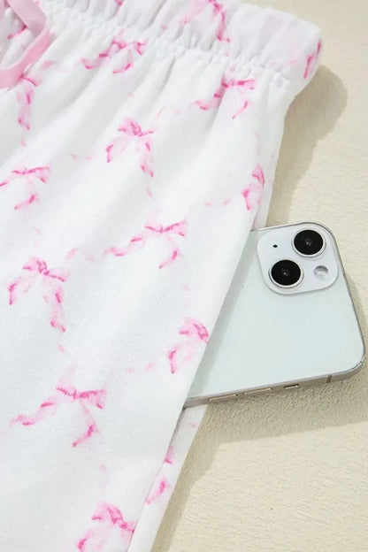 Bow Print Lettuce Trim Round Neck Top and Shorts Lounge Set - Plush Fashion Hub