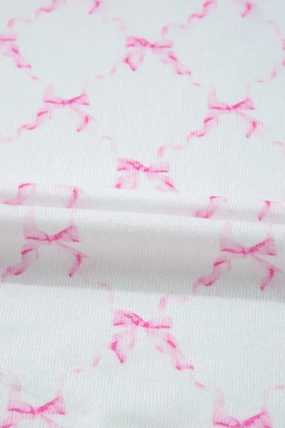 Bow Print Lettuce Trim Round Neck Top and Shorts Lounge Set - Plush Fashion Hub