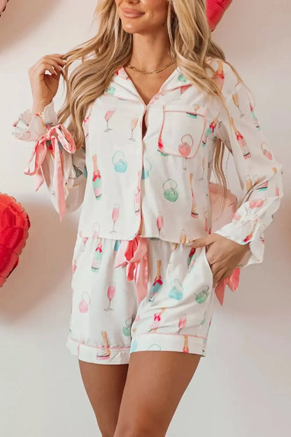 Bow Printed Collared Neck Top and Drawstring Shorts Lounge Set - Plush Fashion Hub