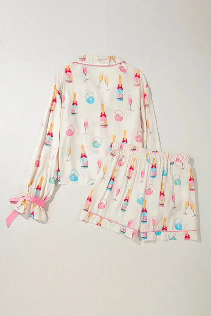 Bow Printed Collared Neck Top and Drawstring Shorts Lounge Set - Plush Fashion Hub