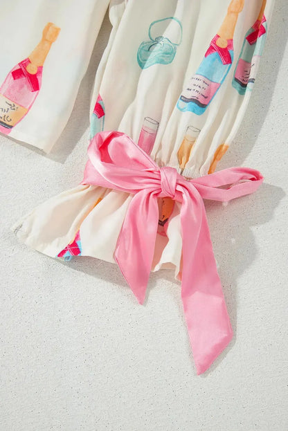 Bow Printed Collared Neck Top and Drawstring Shorts Lounge Set - Plush Fashion Hub