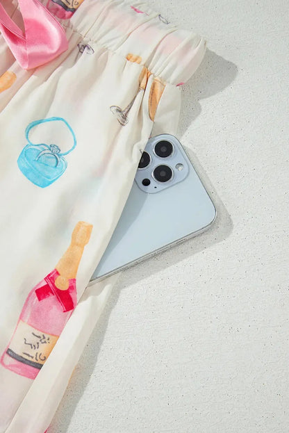 Bow Printed Collared Neck Top and Drawstring Shorts Lounge Set - Plush Fashion Hub