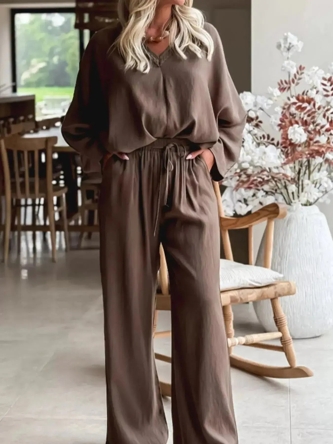 Plush Fashion Hub braided V-neck long sleeve top and high-waist pants lounge set, stylish and comfortable for casual wear.
