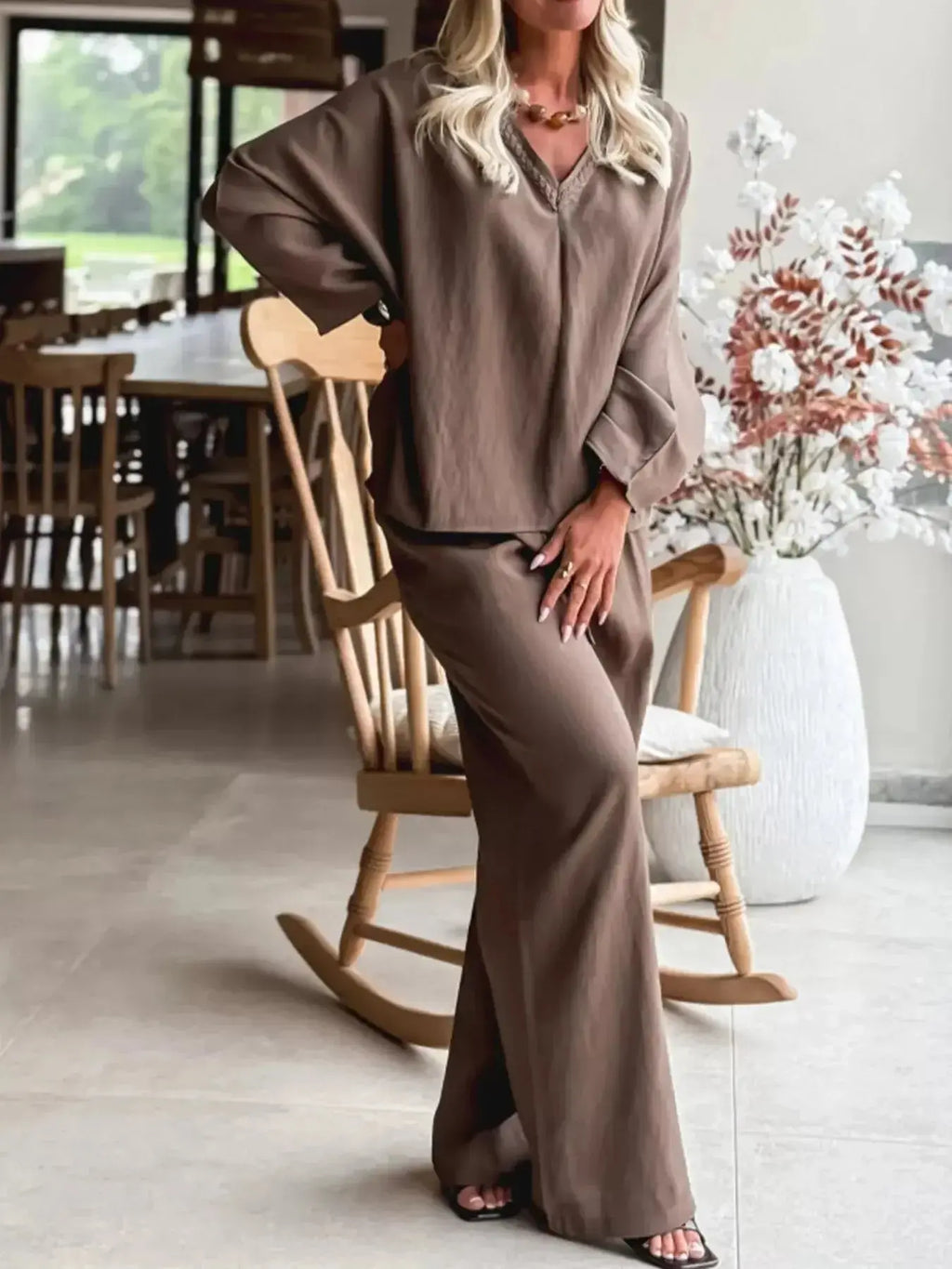 Plush Fashion Hub braided V-neck long sleeve top and high-waist pants lounge set, stylish and comfortable for casual wear.