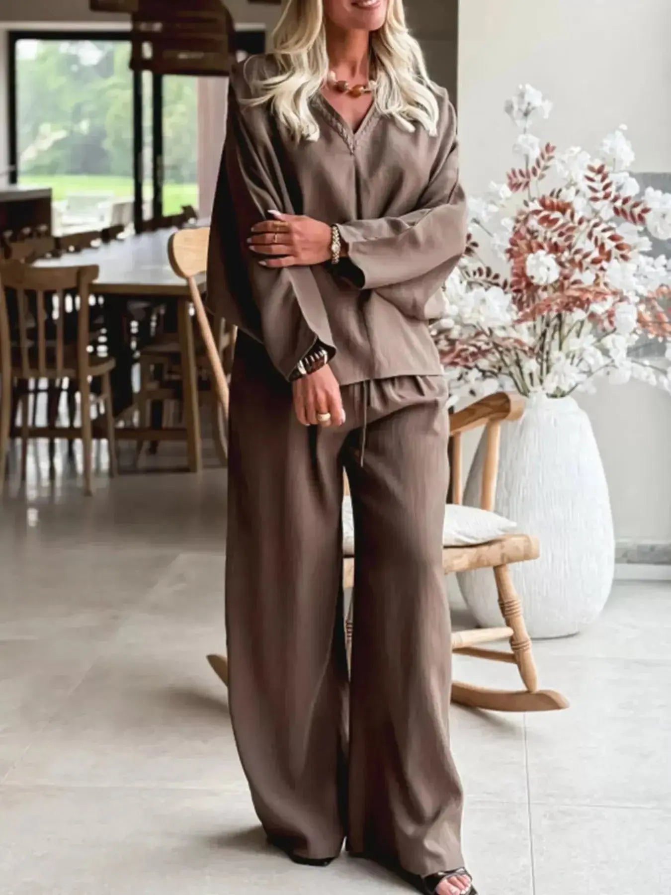 Plush Fashion Hub braided V-neck long sleeve top with high-waist pants lounge set, stylish and comfortable for casual wear.