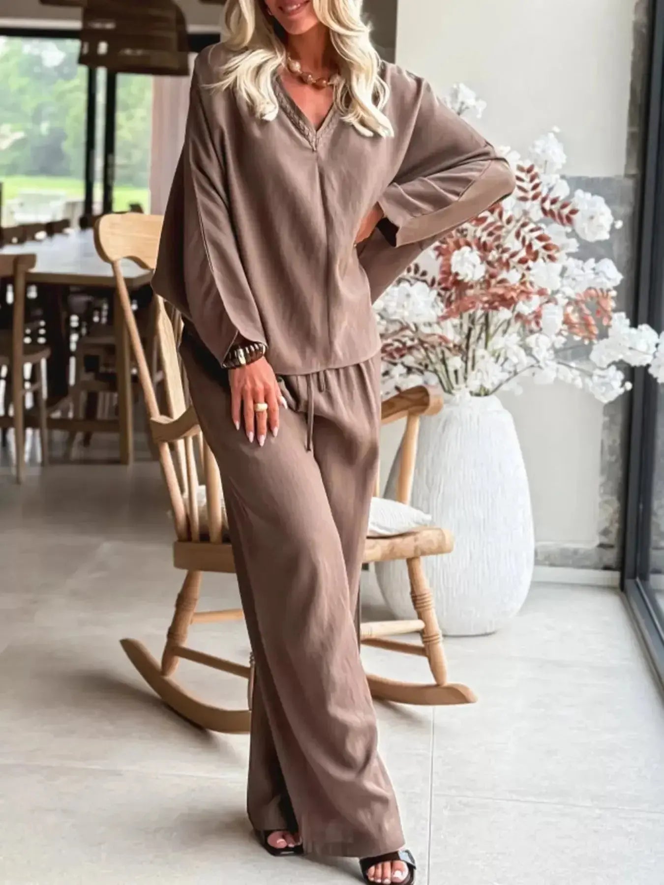 Plush Fashion Hub braided V-neck long sleeve top and high-waist pants lounge set, casual and stylish for comfortable wear.