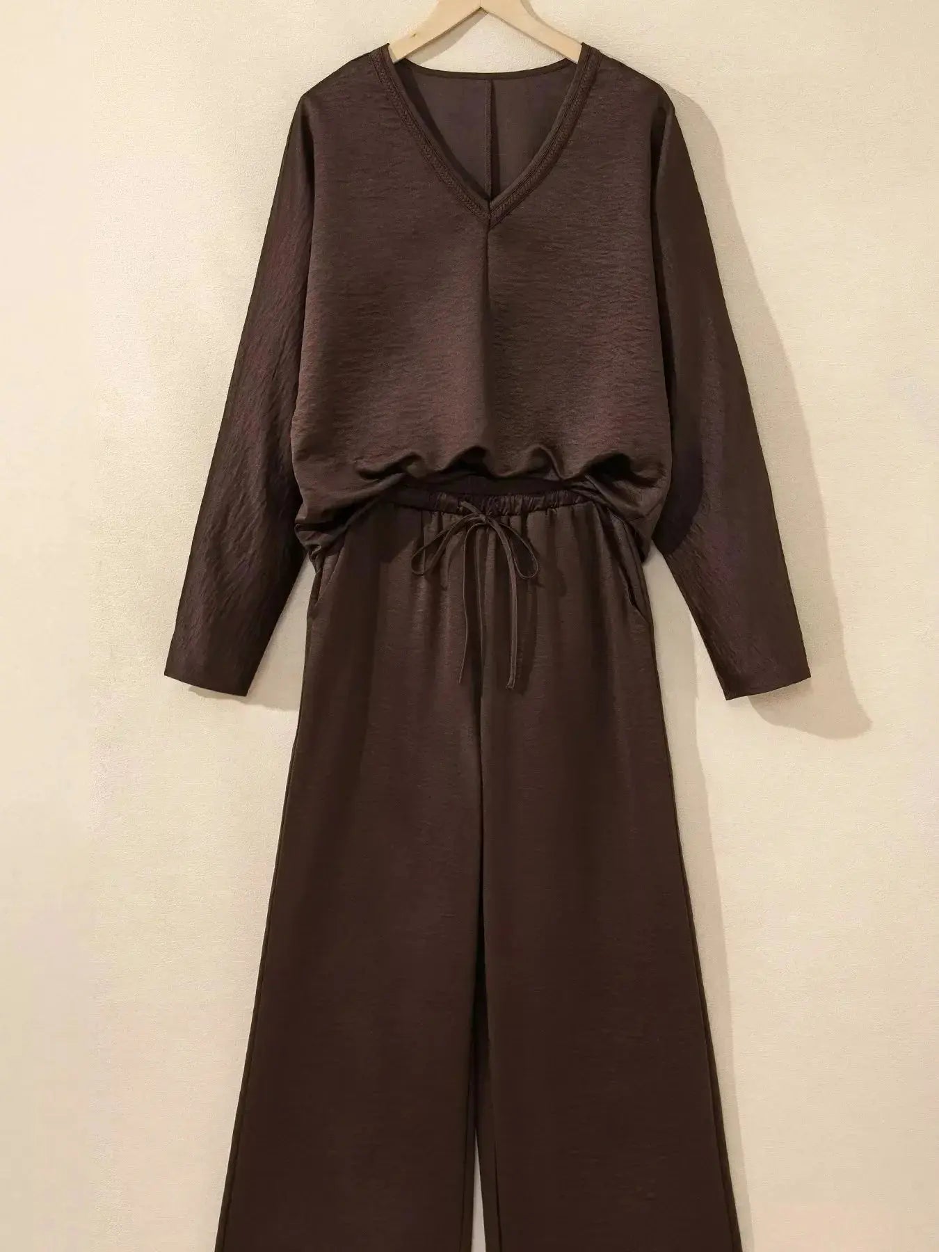 Plush Fashion Hub braided V-neck long sleeve top with high-waist pants lounge set, stylish and comfortable for casual wear.