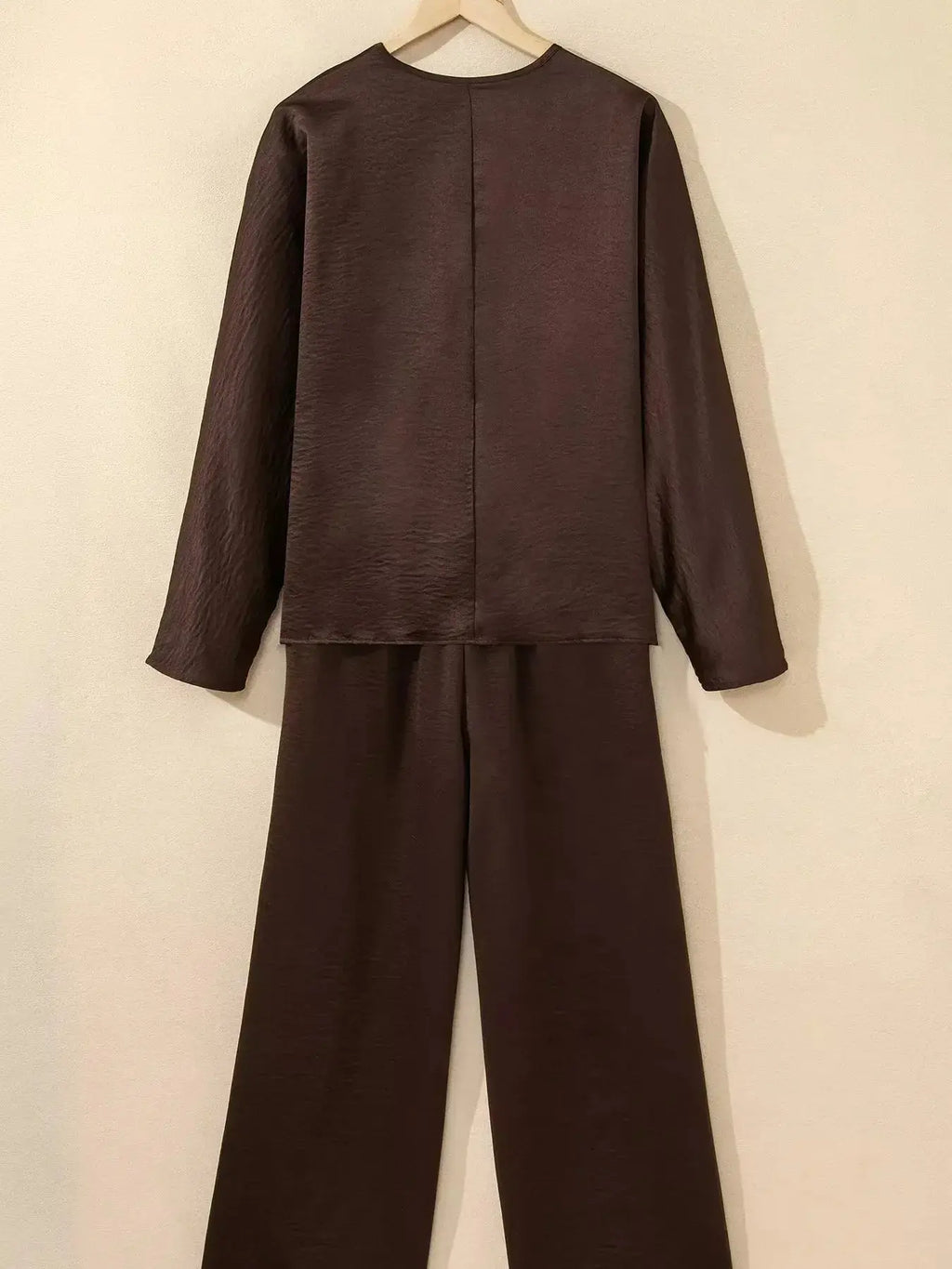 Plush Fashion Hub braided v-neck long sleeve top with high-waist pants lounge set, stylish and comfortable for casual wear.