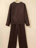 Plush Fashion Hub braided v-neck long sleeve top with high-waist pants lounge set, stylish and comfortable for casual wear.
