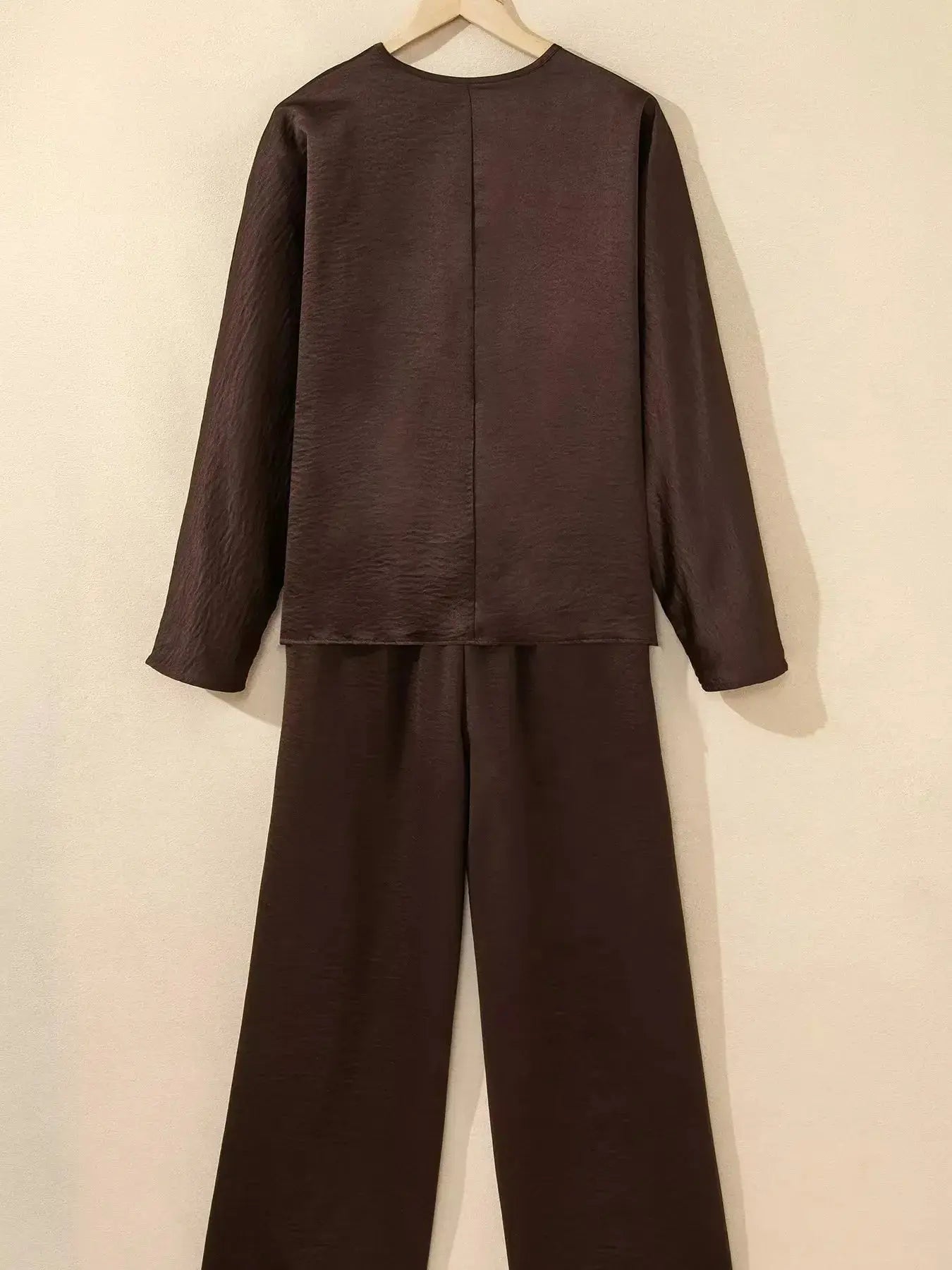 Plush Fashion Hub braided v-neck long sleeve top with high-waist pants lounge set, stylish and comfortable for casual wear.