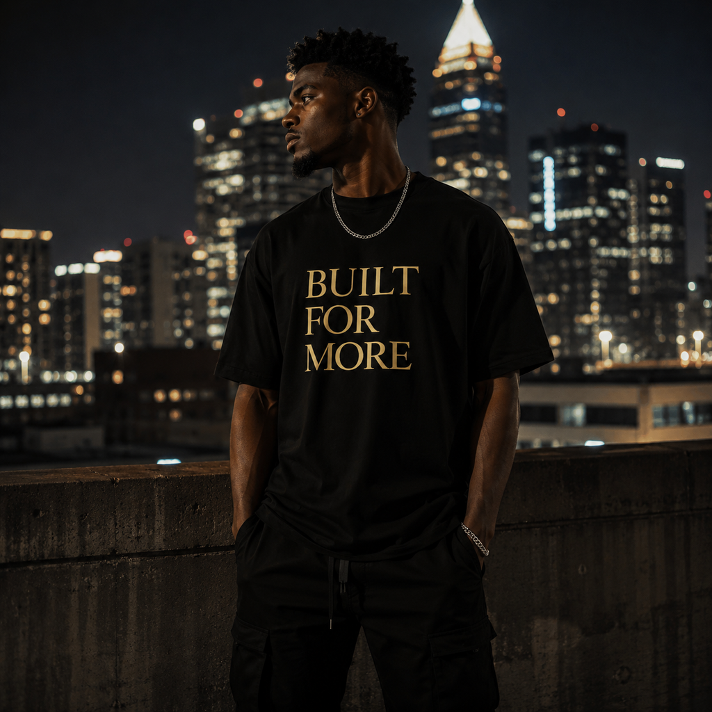 Black graphic T-shirt by Wear Your Worship featuring "Built For More — Faith Identity" design, casual fit and stylish look.
