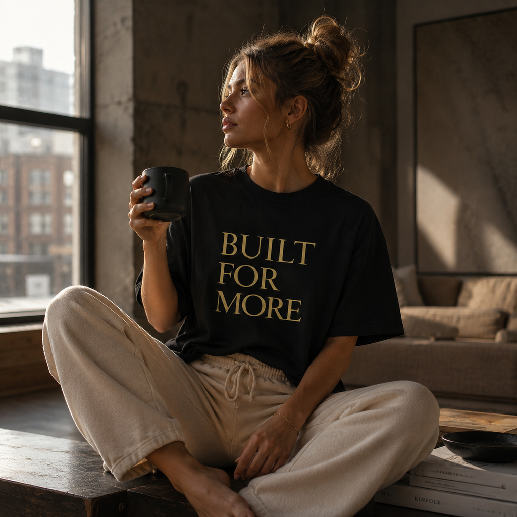 Black Faith Identity graphic T-shirt by Wear Your Worship featuring the "Built For More" design on the front.