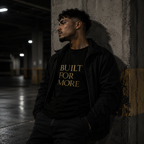 Black faith-themed graphic T-shirt from Wear Your Worship featuring the "Built For More" faith identity design.