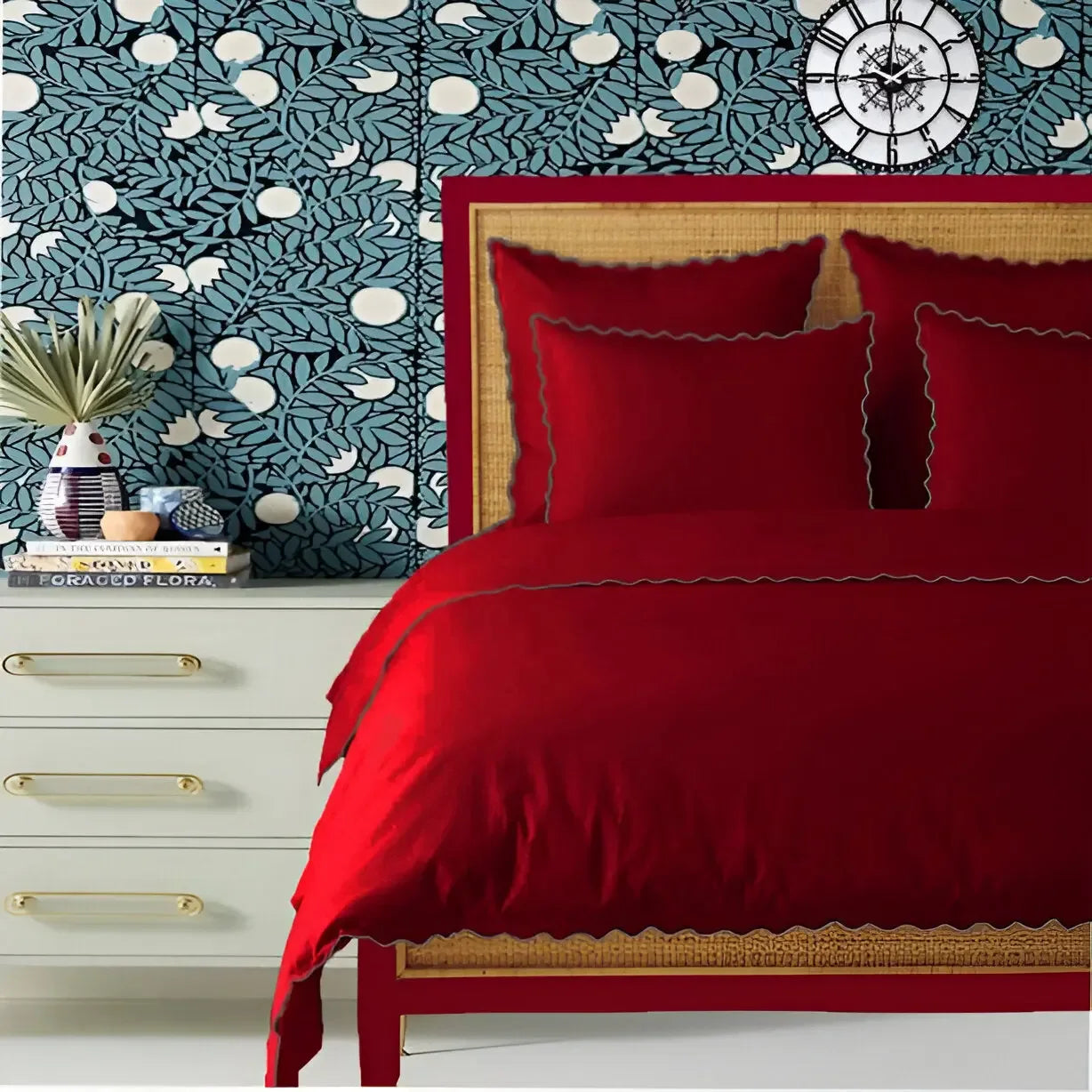 Burgundy 400TC Cotton Small Scallop Embroidery Duvet Cover Set - Plush Fashion Hub