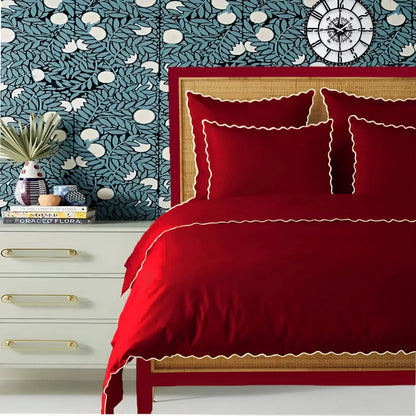 Burgundy 400TC Cotton Small Scallop Embroidery Duvet Cover Set - Plush Fashion Hub
