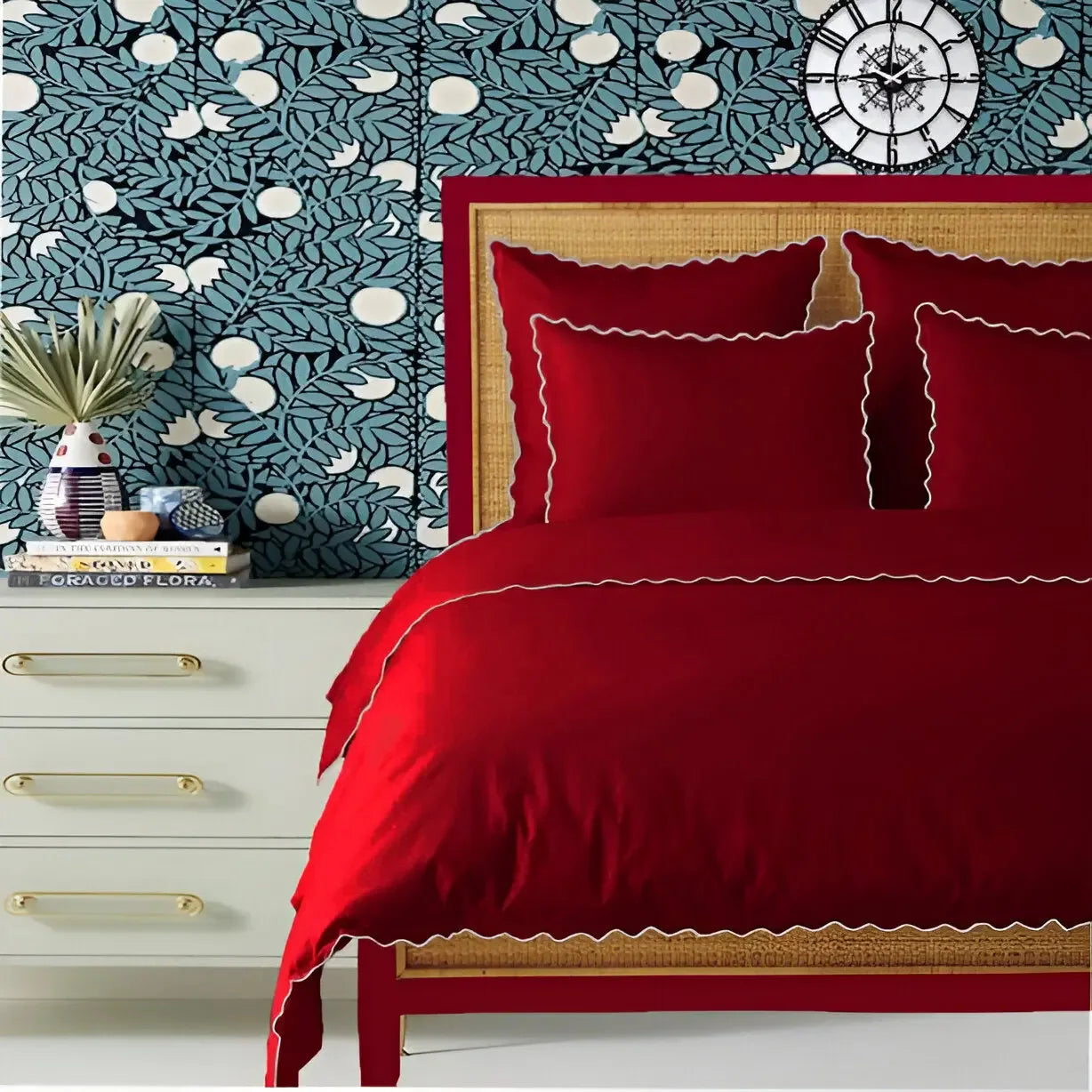 Burgundy 400TC Cotton Small Scallop Embroidery Duvet Cover Set - Plush Fashion Hub