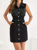 Button-front denim mini dress with fringe detail, stylish Trendsi denim dress perfect for casual or trendy outfits.