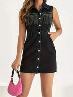 Button-front denim mini dress with fringe detail, stylish Trendsi denim dress perfect for casual wear and summer outings.