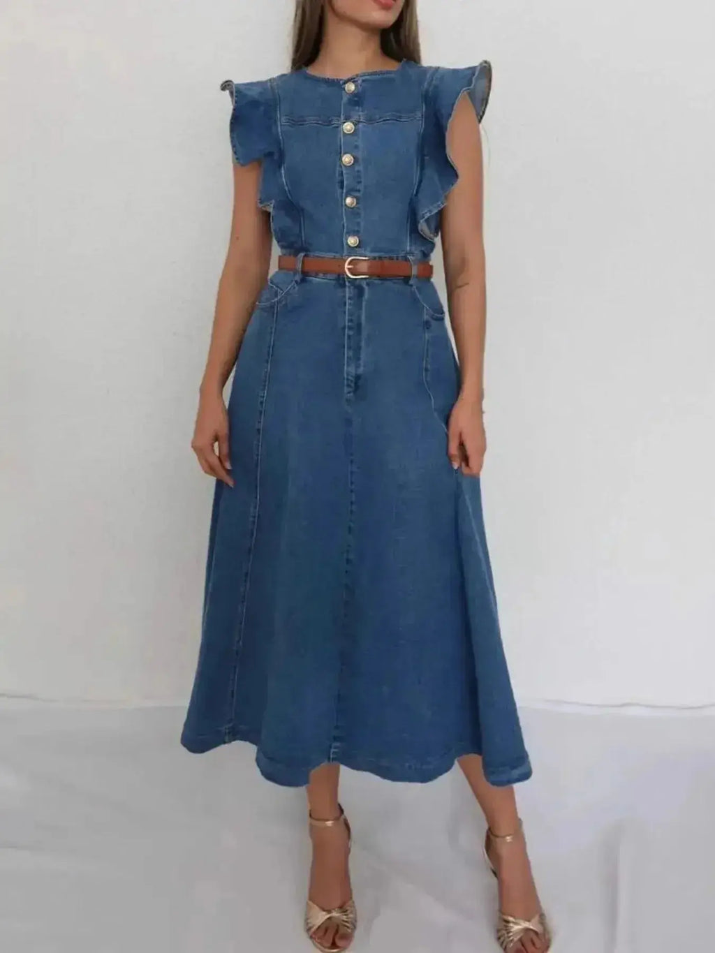 Denim midi dress with button-front, ruffle sleeves, and tie belt by Trendsi, featuring a stylish casual look.