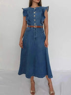 Denim midi dress with button-front, ruffle sleeves, and tie belt by Trendsi, featuring a stylish casual look.