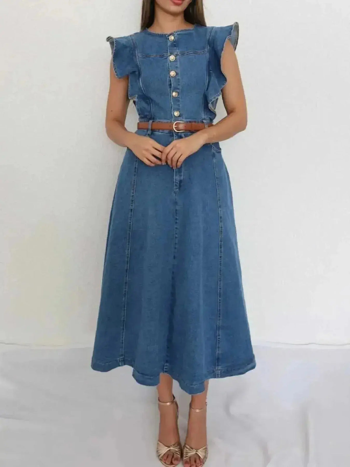Plush Fashion Hub denim midi dress with button front, ruffle sleeves, and tie belt, stylish casual wear for women.