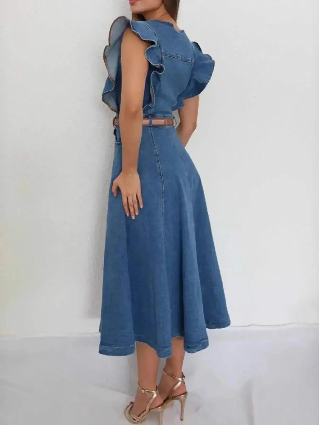 Denim midi dress with button front, ruffle sleeves, and tie belt by Trendsi, displayed on a hanger.