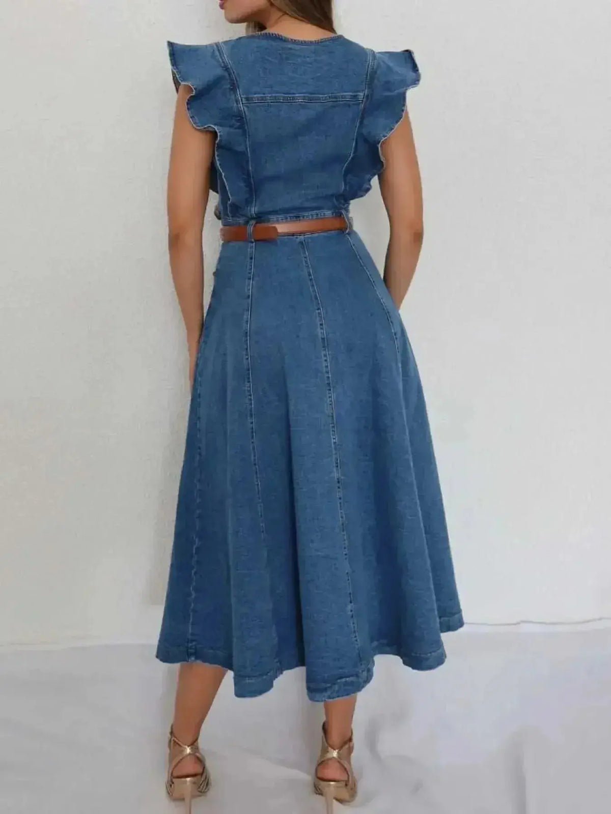 Plush Fashion Hub denim midi dress with button front, ruffle sleeves, and tie belt, showcasing a stylish casual look.