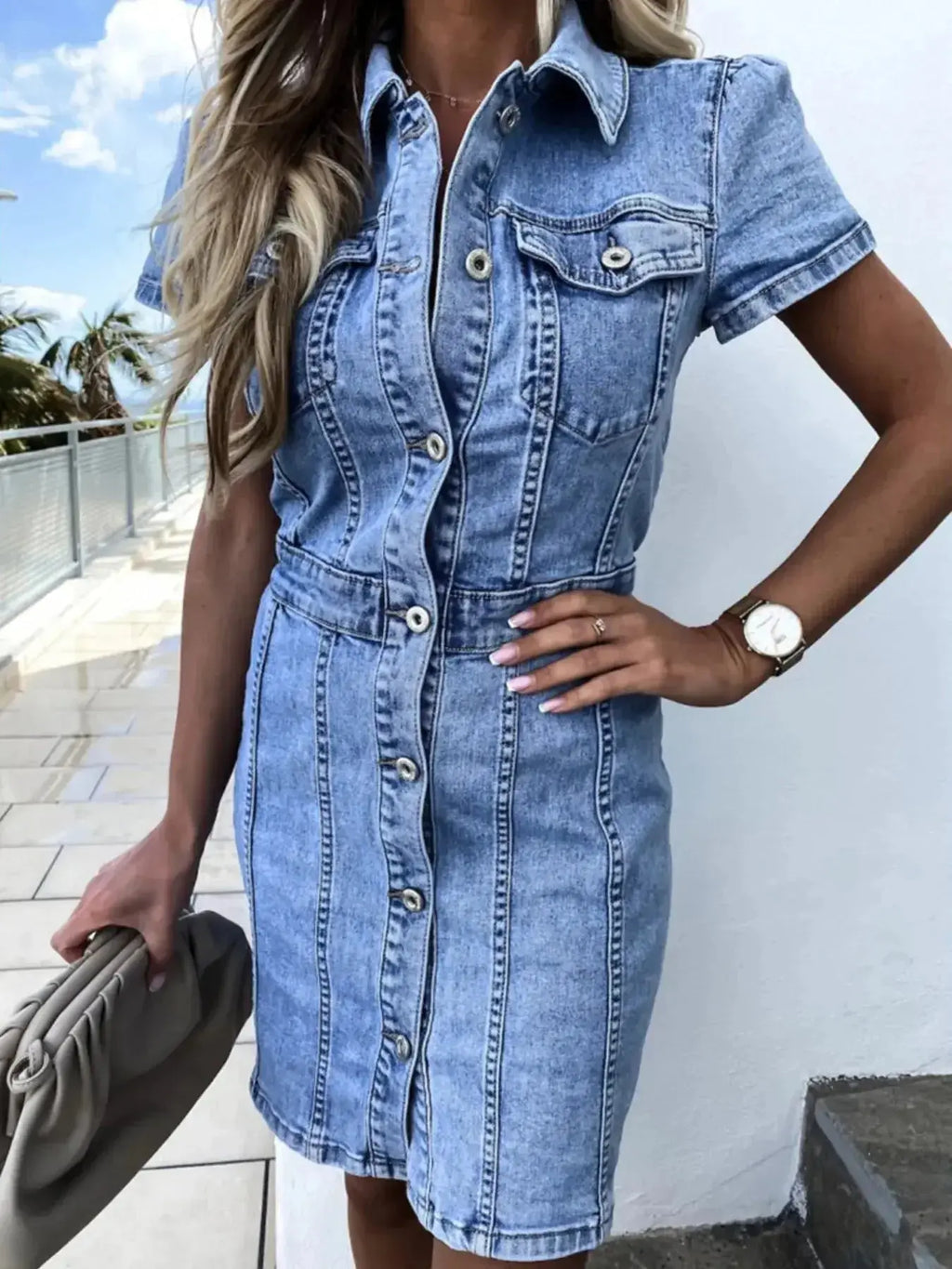 Plush Fashion Hub denim midi dress with button-front, short sleeves, soft stretch fabric, casual style, ideal for everyday wear.