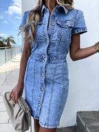 Plush Fashion Hub denim midi dress with button-front, short sleeves, soft stretch fabric, ideal for casual wear.