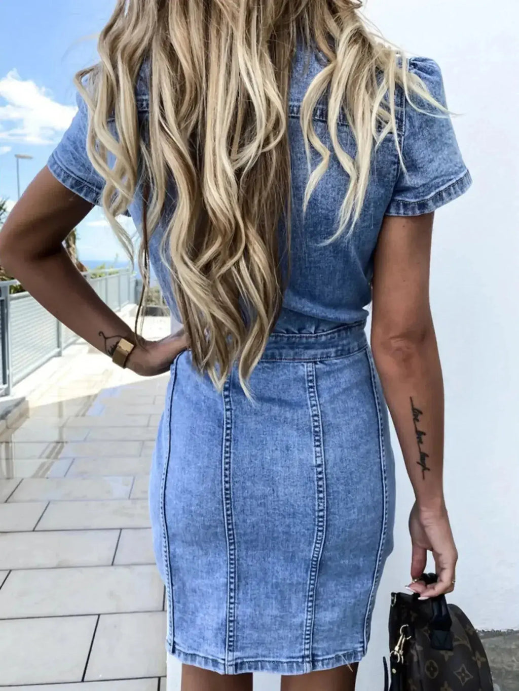 Plush Fashion Hub button-front short sleeve denim midi dress with soft stretch fabric, casual style, perfect for everyday wear.