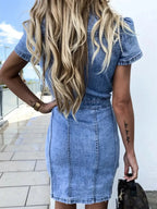 Plush Fashion Hub button-front short sleeve denim midi dress with soft stretch fabric, casual style, perfect for everyday wear.