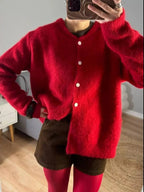 Soft knit long sleeve button-up cardigan by Plush Fashion Hub, featuring a classic, cozy layering sweater in neutral tones.