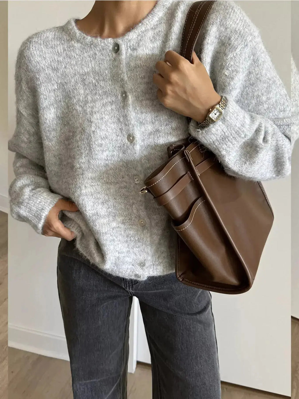 Plush Fashion Hub classic button-up long sleeve cardigan in soft knit fabric, perfect for layering and casual wear.