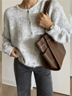 Plush Fashion Hub classic button-up long sleeve cardigan in soft knit fabric, perfect for layering and casual wear.